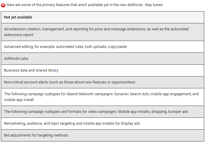 features missing from the new adwords ui