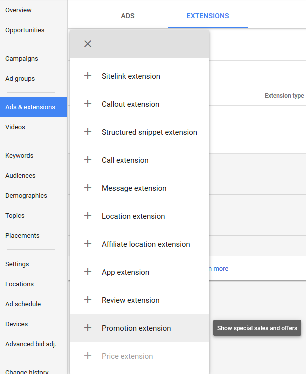 new adwords experience promotion extensions