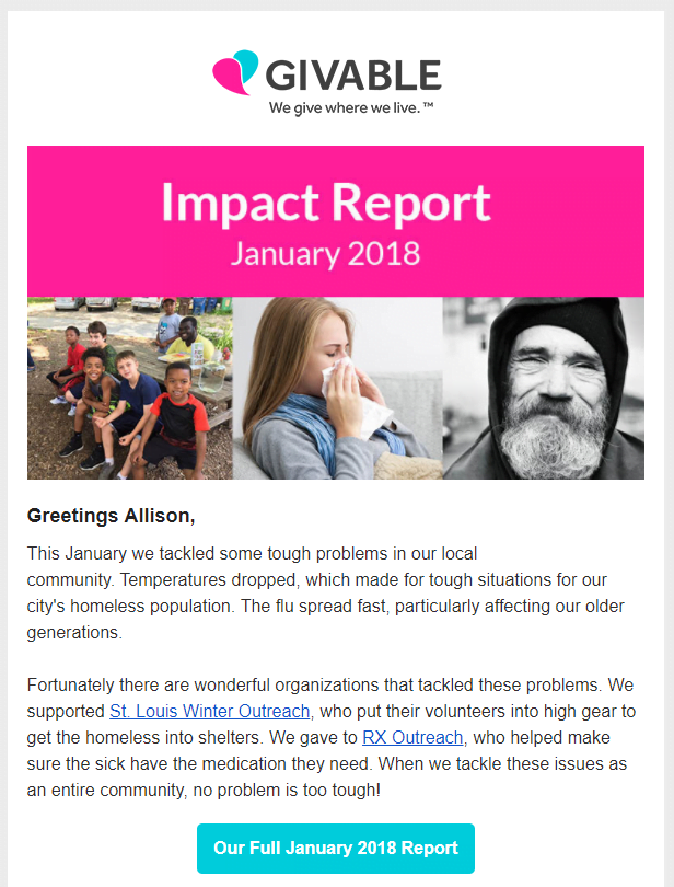 Non-newsletter emails Giveable monthly impact report example