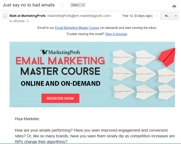 Non-newsletter emails Marketing Profs email marketing course offer example