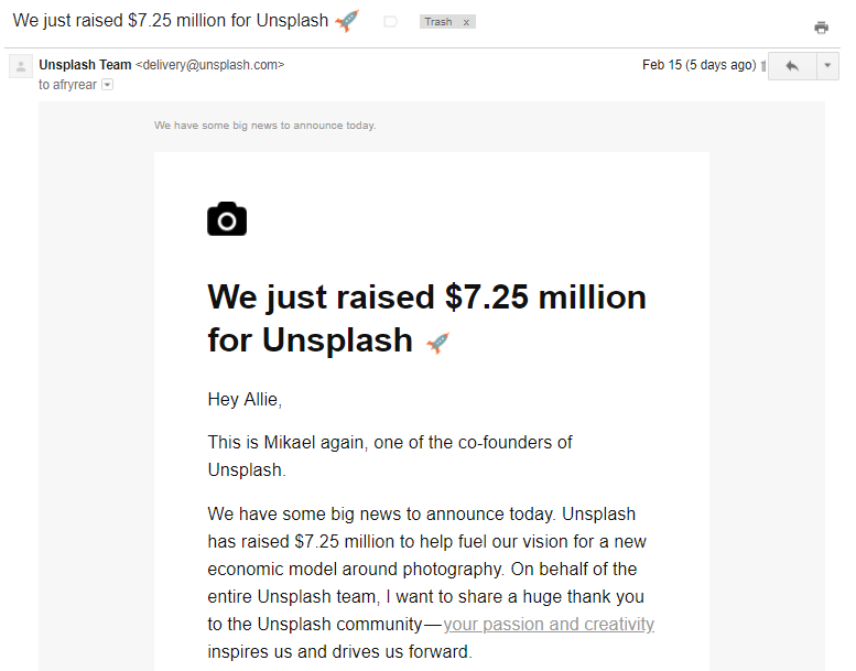 Non-newsletter emails Unsplash milestone email example