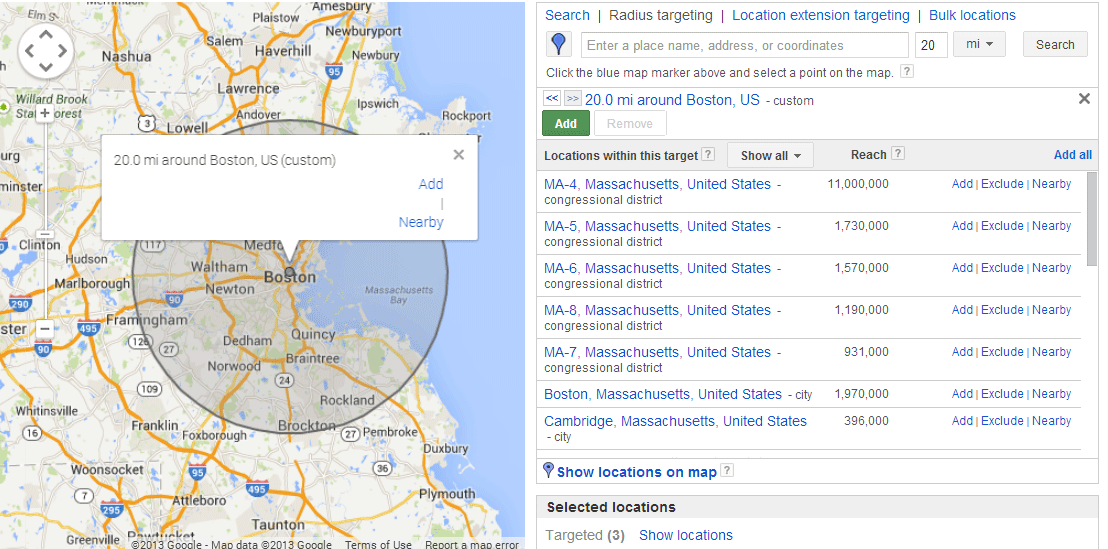 Online advertising costs AdWords geotargeting options physical radius