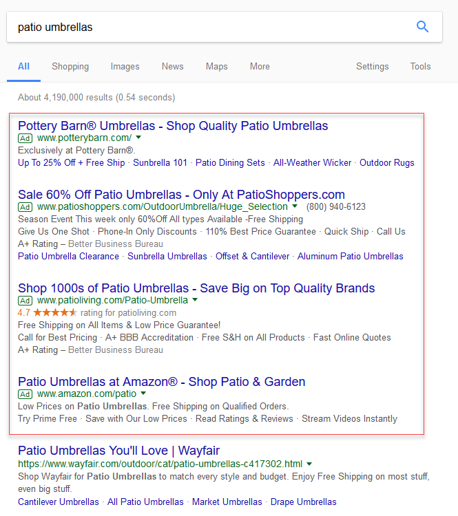 Online advertising costs Google SERP example