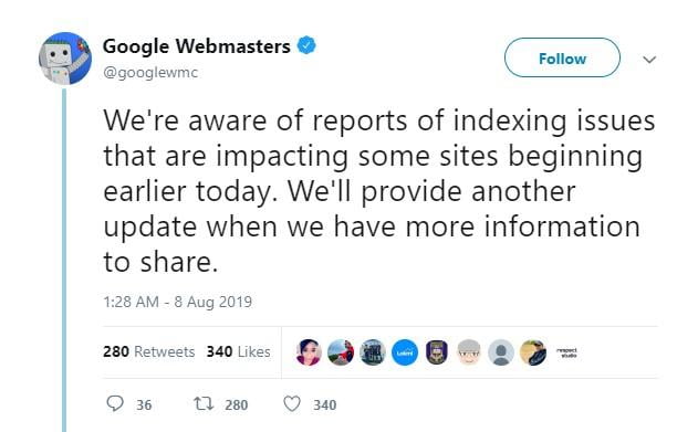 tweet about Google's indexing issue