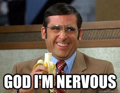 Presentation tips funny image of Steve Carel saying "God, I'm nervous!"