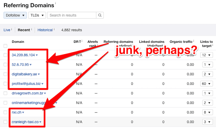 ahrefs backlink report showing junk referral domains