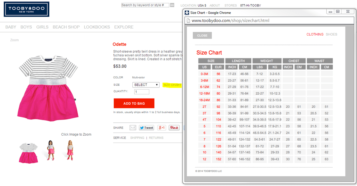 Product page example with a size chart