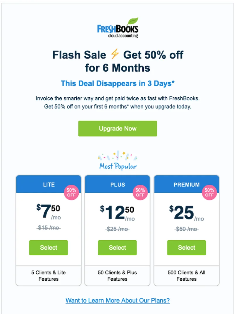 promotional email examples flash sale freshbooks