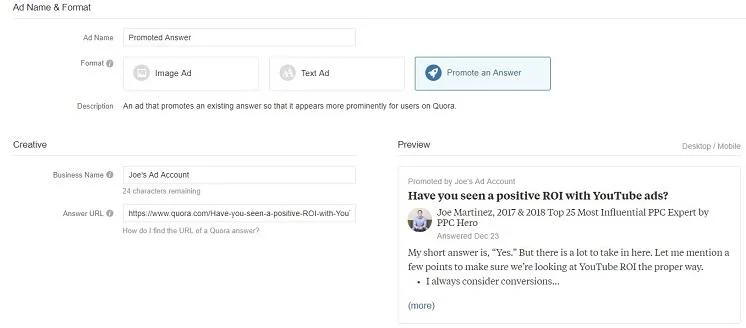 Quora "promote an answer" ad setup