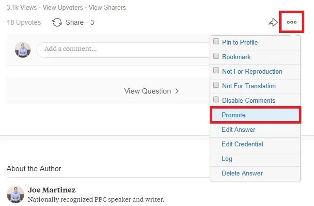 updated "Promote" option on Quora