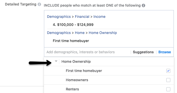 Real estate Facebook ads targeting audiences by home ownership status