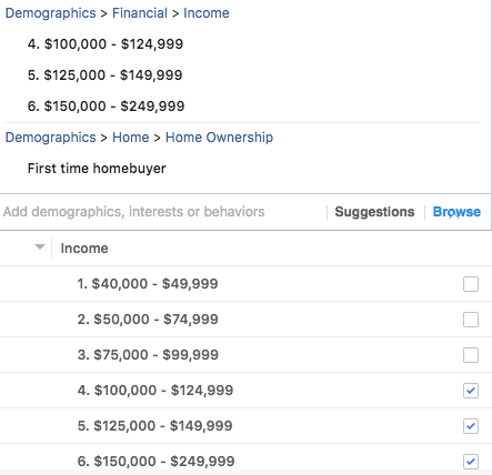 Real estate Facebook ads targeting audiences by income level