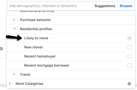 Real estate Facebook ads targeting audiences by likelihood of moving