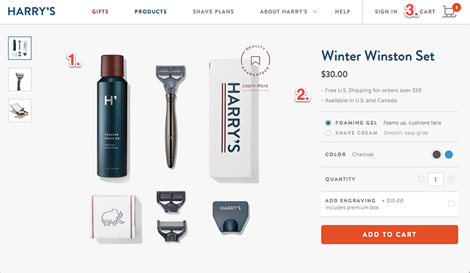 Slick, glossy online product page for razors