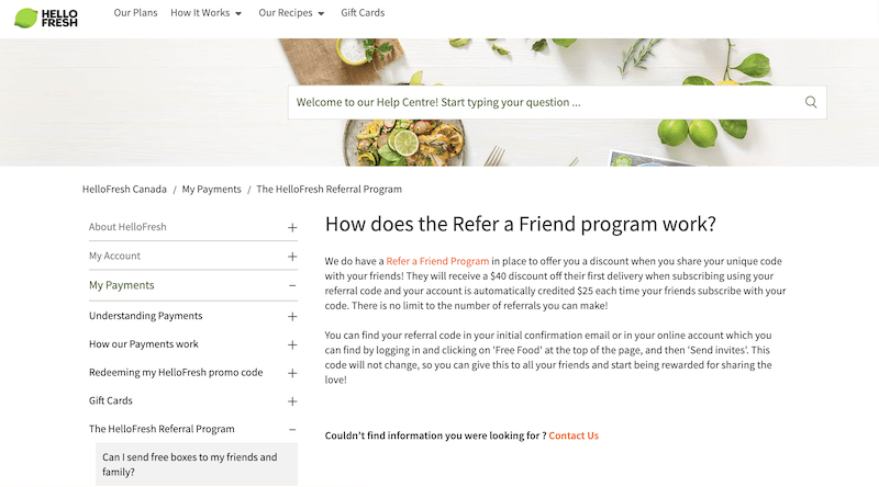 referral marketing ideas—hello fresh referral program FAQ page