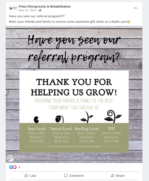 referral marketing ideas—facebook post promoting referral program