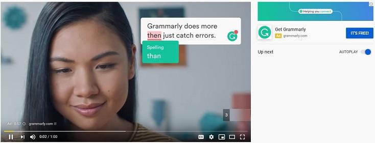 Grammarly remarketing ad on YouTube with common grammar errors