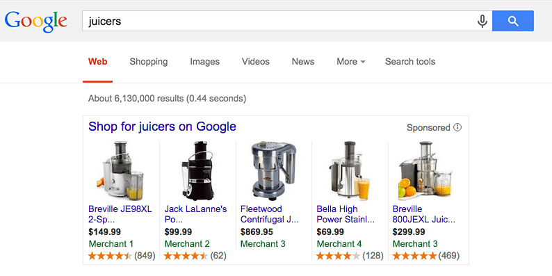 Retail marketing image showing juicers with product ratings