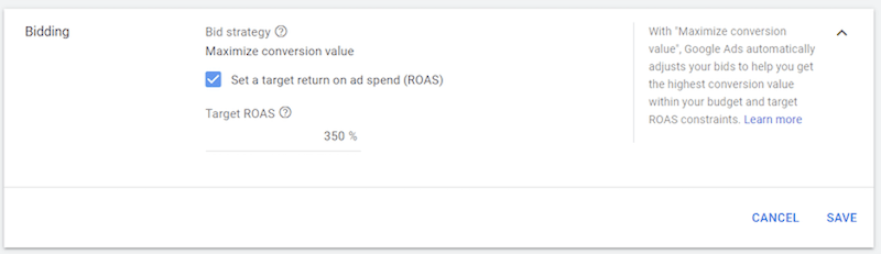 screenshot showing tROAS option as an option within maximize conversion value