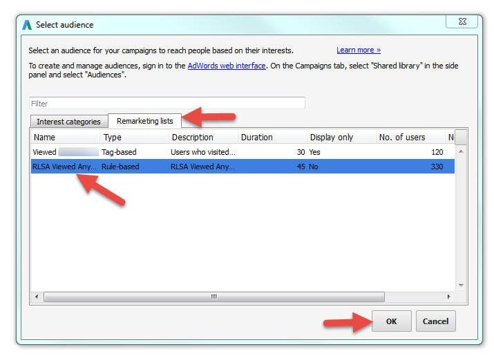 select remarketing list
