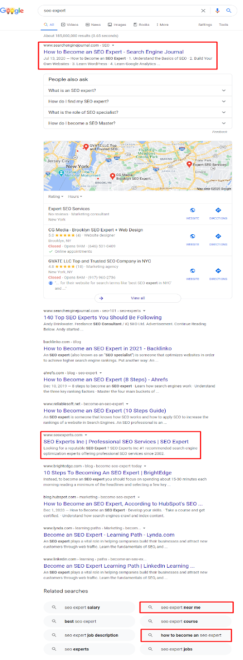 seo trends for 2021—SERP example showing keyword intent for the keyword "SEO services"