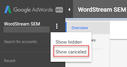 show cancelled adwords accounts mcc