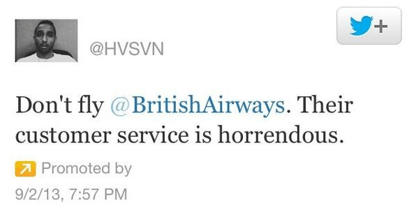 Social media crisis management sponsored tweet don't fly British Airways twitter HVSVN