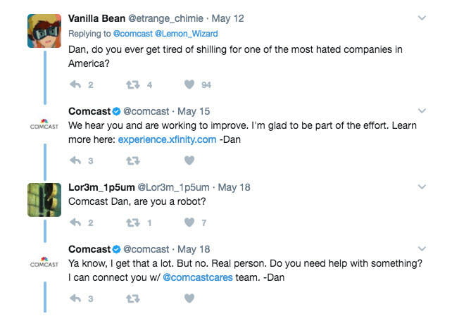 Social media crisis management corporate account responses to negative tweets Comcast rep tweets