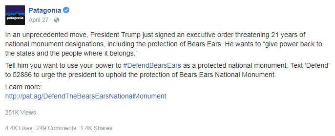 Social media crisis management Patagonia Bears Ears monument response Facebook