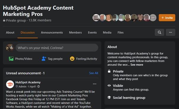 social media engagement with Facebook group example HubSpot