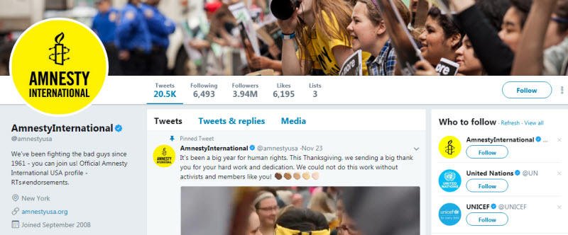 Social media for nonprofits Amnesty International Twitter