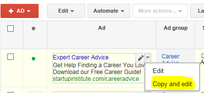 Software marketing screenshot of how to copy an ad in AdWords