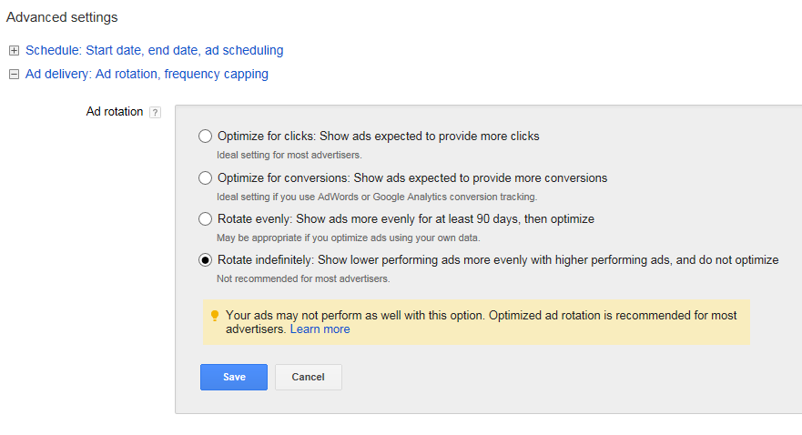 Software marketing screenshot of ad rotation settings in AdWords