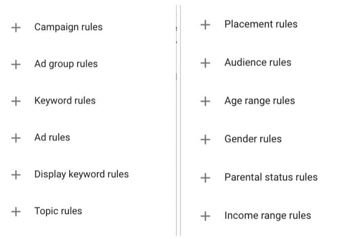 Automated rules options in Google Ads