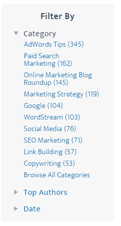 startup marketing filter by screenshot from the wordstream blog