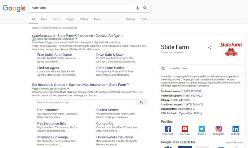 state farm brand search on desktop