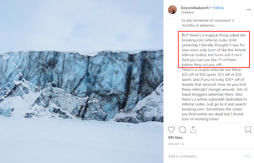 travel marketing instagram post with referral codes in caption