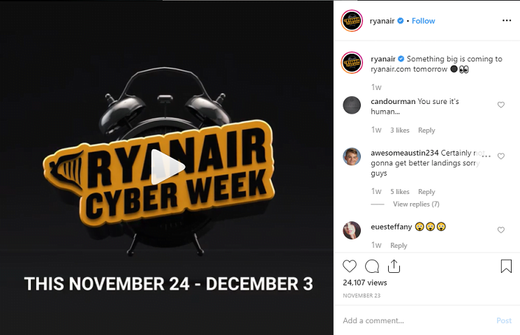 Ryan Air Instagram post