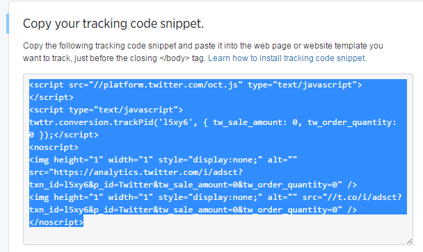 Twitter ads copy paste tracking code