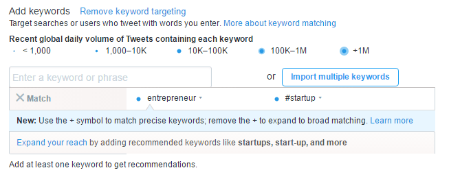 Twitter campaign add keywords