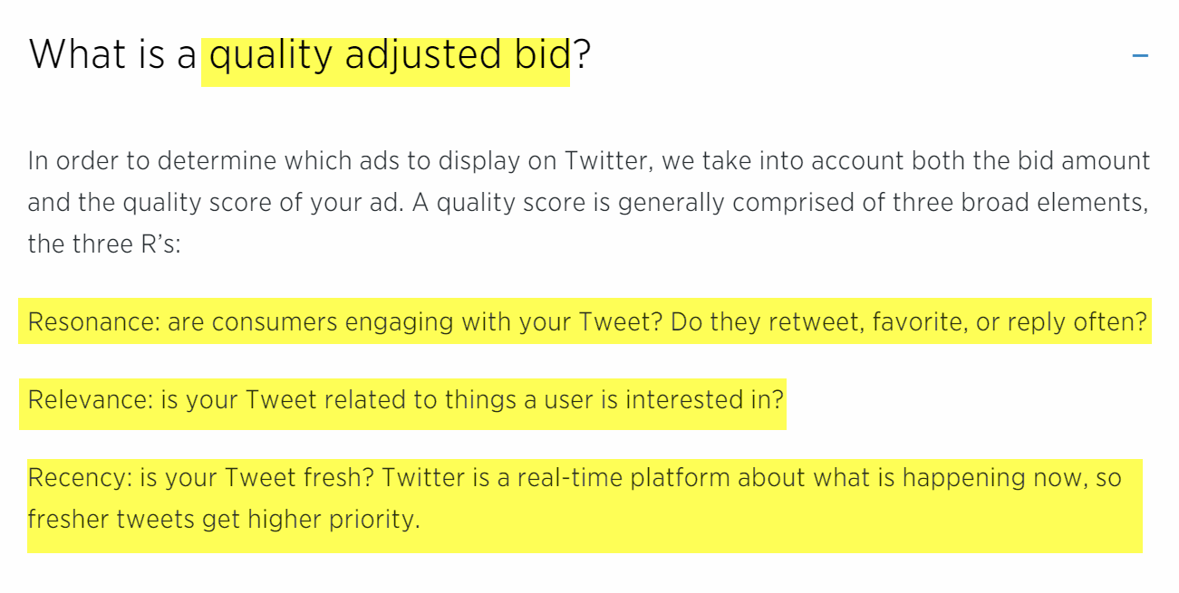 Twitter Quality Score quality adjusted bid documentation