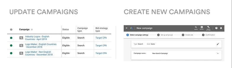 updating Google Ads campaigns vs creating new Google Ads campaigns options