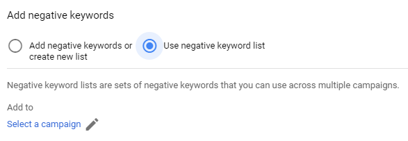 use negative keyword list radio button adwords