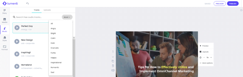 visual marketing tools lumen 5 add music