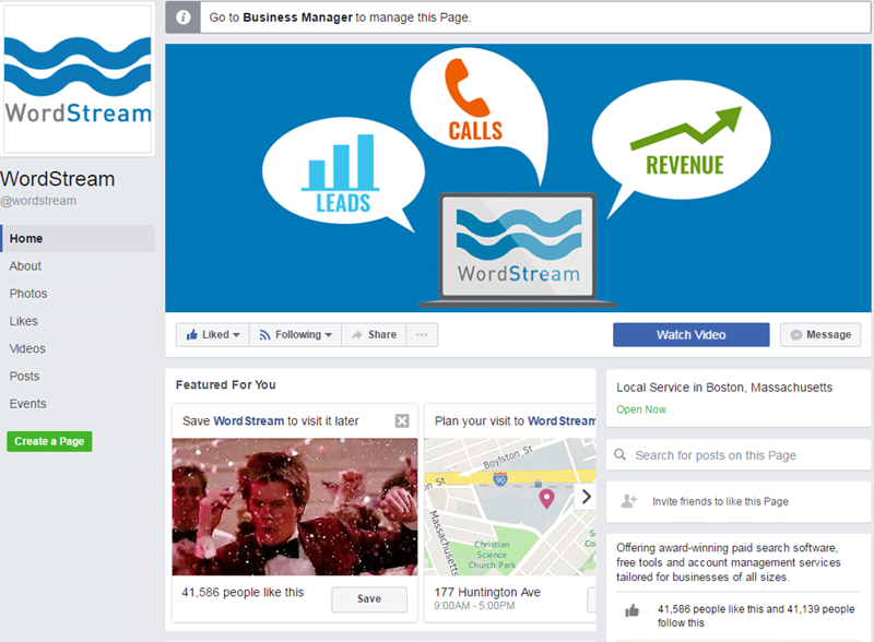 wordstream facebook page example