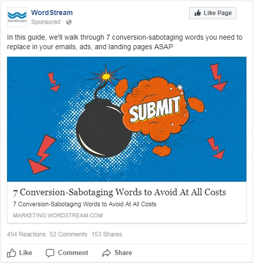wordstream's top performing facebook ad based on relevance score uses bold image creative