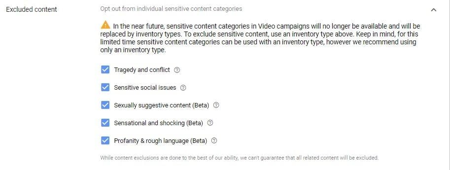 excluded content for YouTube placements