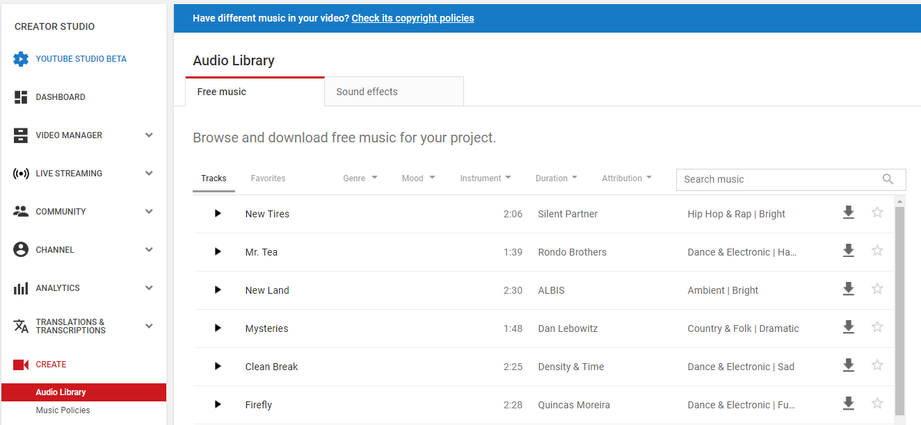 Guide to the  Audio Library & Royalty Free Music for Videos