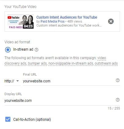 YouTube call-to-action extension setup view