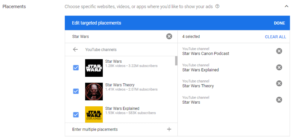 youtube display ads channel placement tab